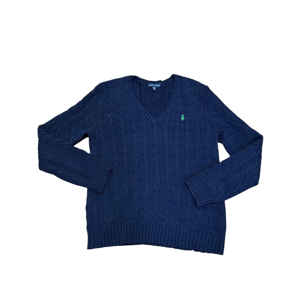 Ralph Lauren Cable Knit V-Neck Sweater Navy XL Green Pony 100% Cotton preppy - Picture 3 of 7